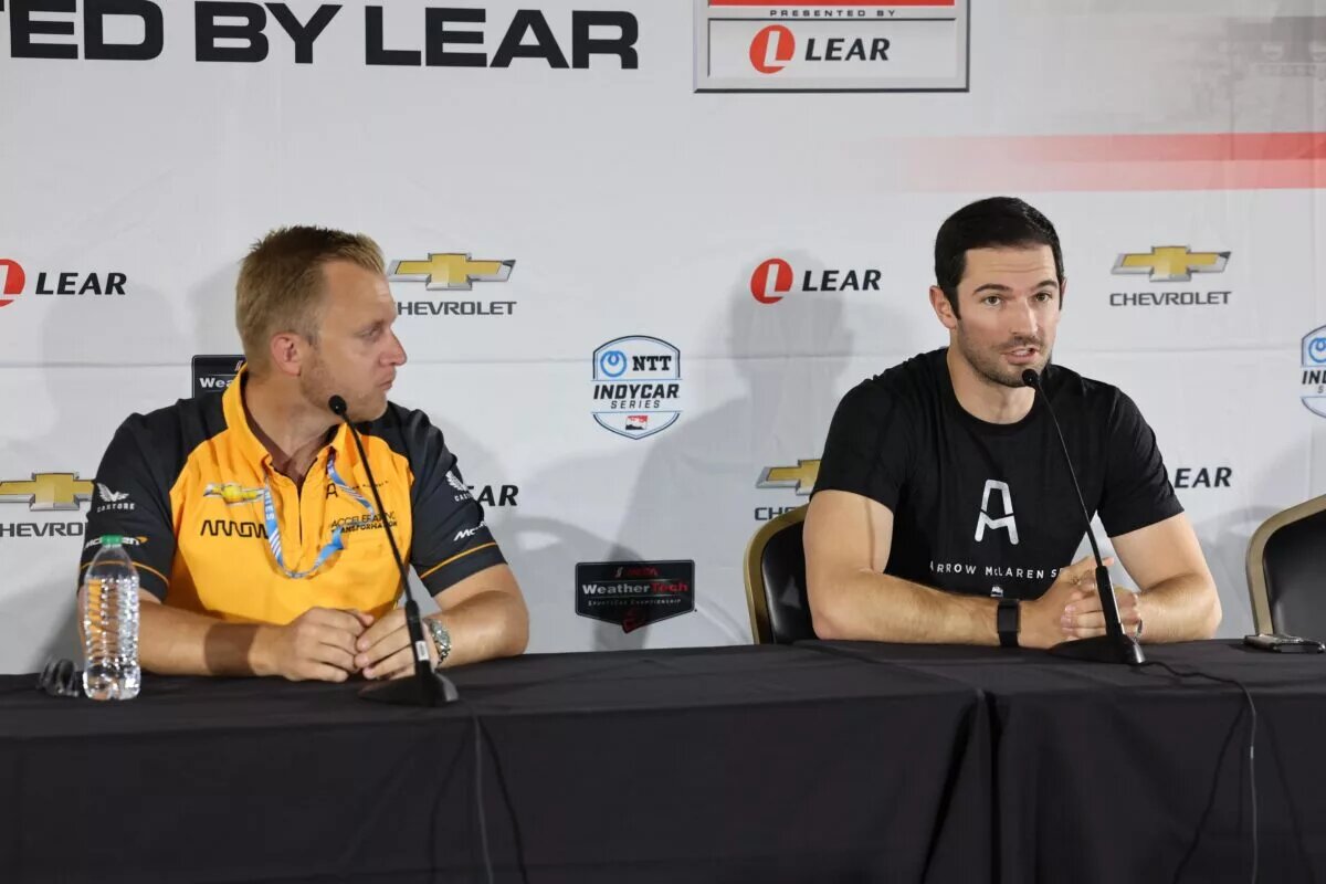 Alexander Rossi speaks to the press after being announced as Arrow McLaren SP's third driver for 2023