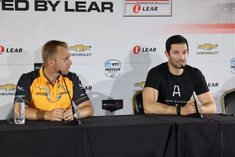 Alexander Rossi speaks to the press after being announced as Arrow McLaren SP's third driver for 2023