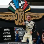 A.J. Allmendinger celebrates his win at the 2021 Verizon 200 at Indianapolis Motor Speedway