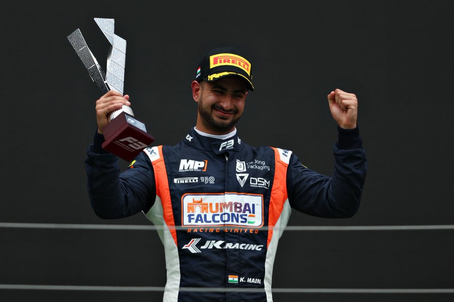 Formula 3 driver Kush Maini on the podium at the Hungarian Grand Prix. (Credit: Formula 3 Media)