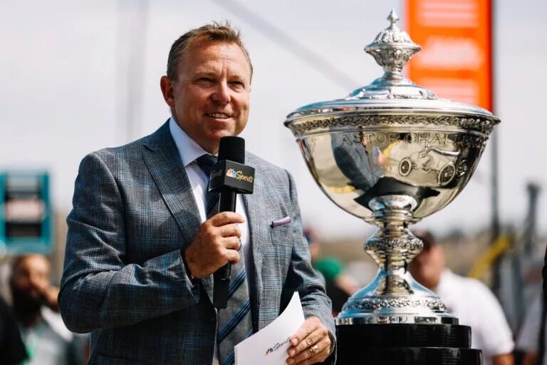 Leigh Diffey on air on NBC at Laguna Seca