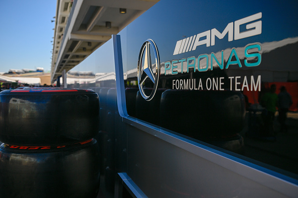 AUSTIN, TX - OCTOBER 20: Mercedes Benz AMG and Pentronas signage near the garage area during F1 US Grand Prix prep day at Circuit of the Americas on October 20, 2022 in Austin, TX. (Photo by Ken Murray/Icon Sportswire via Getty Images)