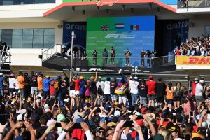 The winner's podium after the Formula One United States Grand Prix at the Circuit of The Americas in Austin, Texas, on October 24, 2021. (Photo by Robyn Beck / AFP) (Photo by ROBYN BECK/AFP via Getty Images)