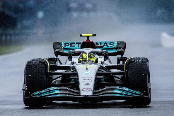 Mercedes' British driver Lewis Hamilton takes to the track in the rain during the third practice session for the Canada Formula 1 Grand Prix on June 18, 2022, at Circuit Gilles-Villeneuve in Montreal. (Photo by Jim WATSON / AFP) (Photo by JIM WATSON/AFP via Getty Images)