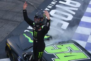 MARTINSVILLE, VIRGINIA - OCTOBER 29: Ty Gibbs, driver of the #54 Monster Energy Toyota, celebrates after winning the NASCAR Xfinity Series Dead On Tools 250 at Martinsville Speedway on October 29, 2022 in Martinsville, Virginia. (Photo by Mike Mulholland/Getty Images)