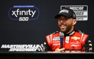 MARTINSVILLE, VIRGINIA - OCTOBER 30: Ross Chastain, driver of the #1 Moose Fraternity Chevrolet, speaks to the media during a press conference after the NASCAR Cup Series Xfinity 500 at Martinsville Speedway on October 30, 2022 in Martinsville, Virginia. (Photo by Eakin Howard/Getty Images)