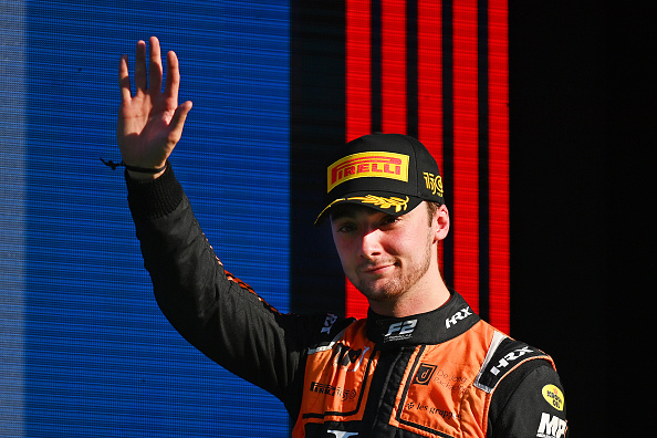 ZANDVOORT, NETHERLANDS - SEPTEMBER 03: Second placed Clement Novalak of France and MP Motorsport (12) celebrates on the podium during the Round 12:Zandvoort Sprint race of the Formula 2 Championship at Circuit Zandvoort on September 03, 2022 in Zandvoort, Netherlands. (Photo by Dan Mullan/Getty Images)
