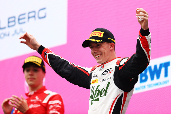 SPIELBERG, AUSTRIA - JULY 04: Race winner Frederik Vesti of Denmark and ART Grand Prix celebrates on the podium during race 3 of Round 3:Spielberg of the Formula 3 Championship at Red Bull Ring on July 04, 2021 in Spielberg, Austria. (Photo by Clive Rose/Getty Images)