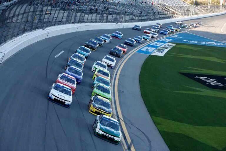 NASCAR Xfinity Series cars line up to start at Daytona International Speedway in 2022