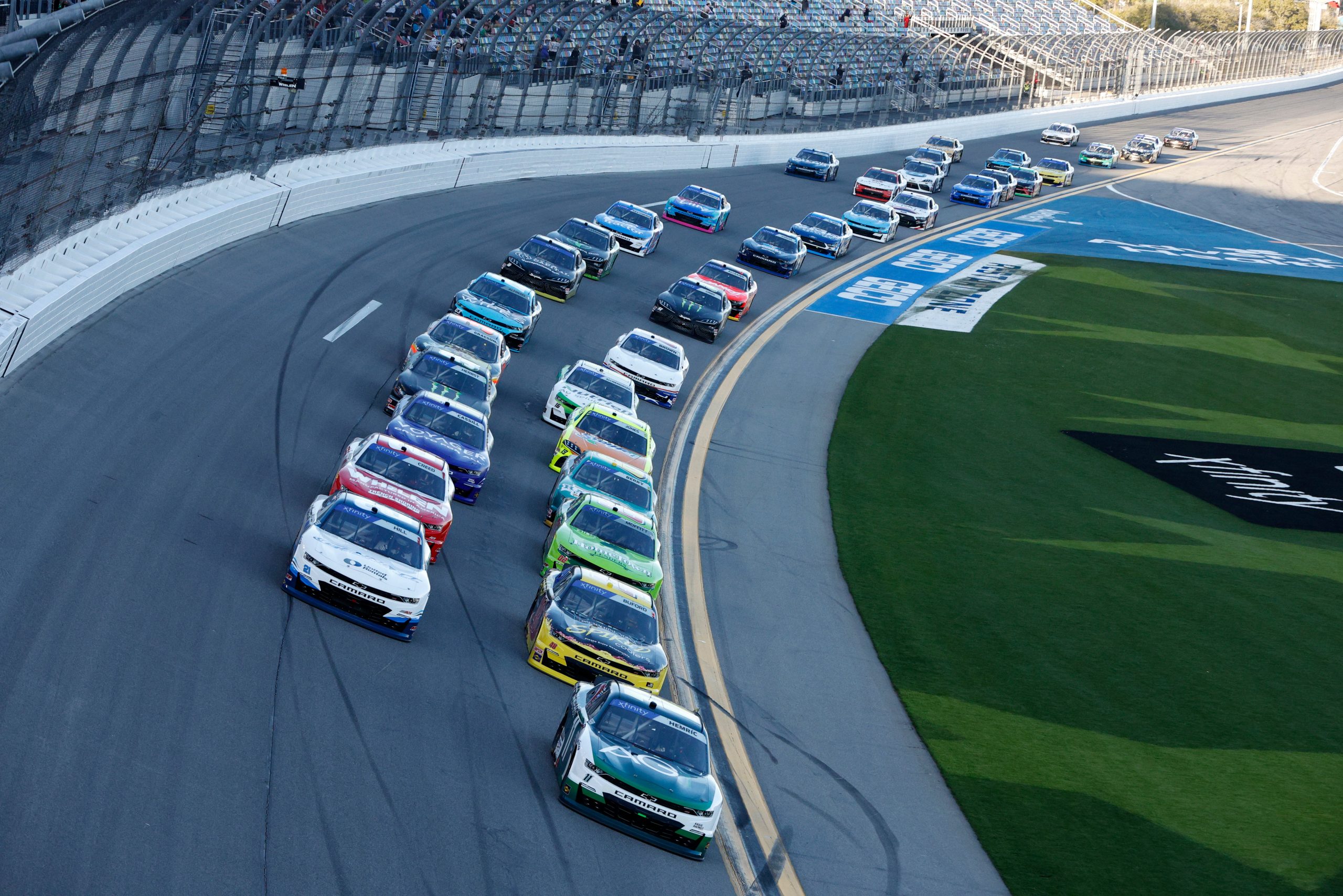 NASCAR Xfinity Series cars line up to start at Daytona International Speedway in 2022