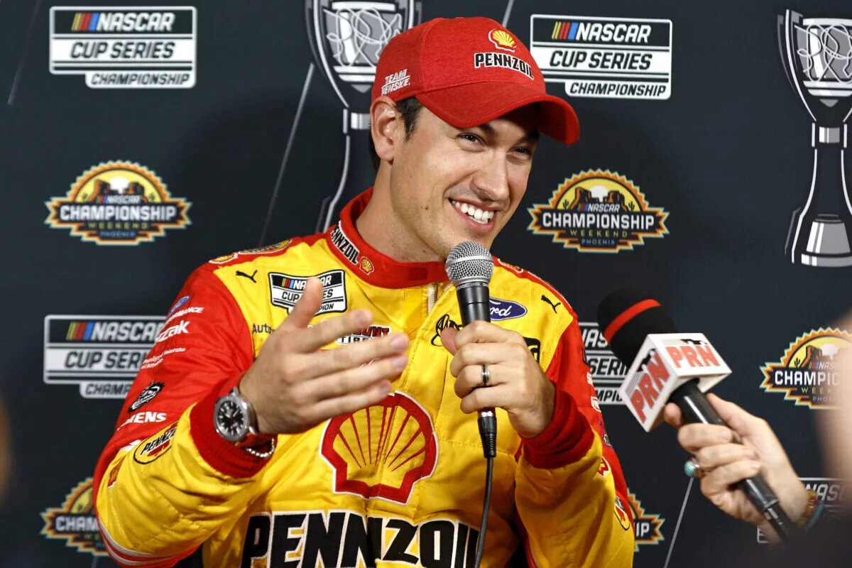 AVONDALE, ARIZONA - NOVEMBER 03: Joey Logano, driver of the #22 Shell Pennzoil Ford, speaks to the media during the NASCAR Championship 4 Media Day at Phoenix Raceway on November 03, 2022 in Avondale, Arizona. (Photo by Sean Gardner/Getty Images)