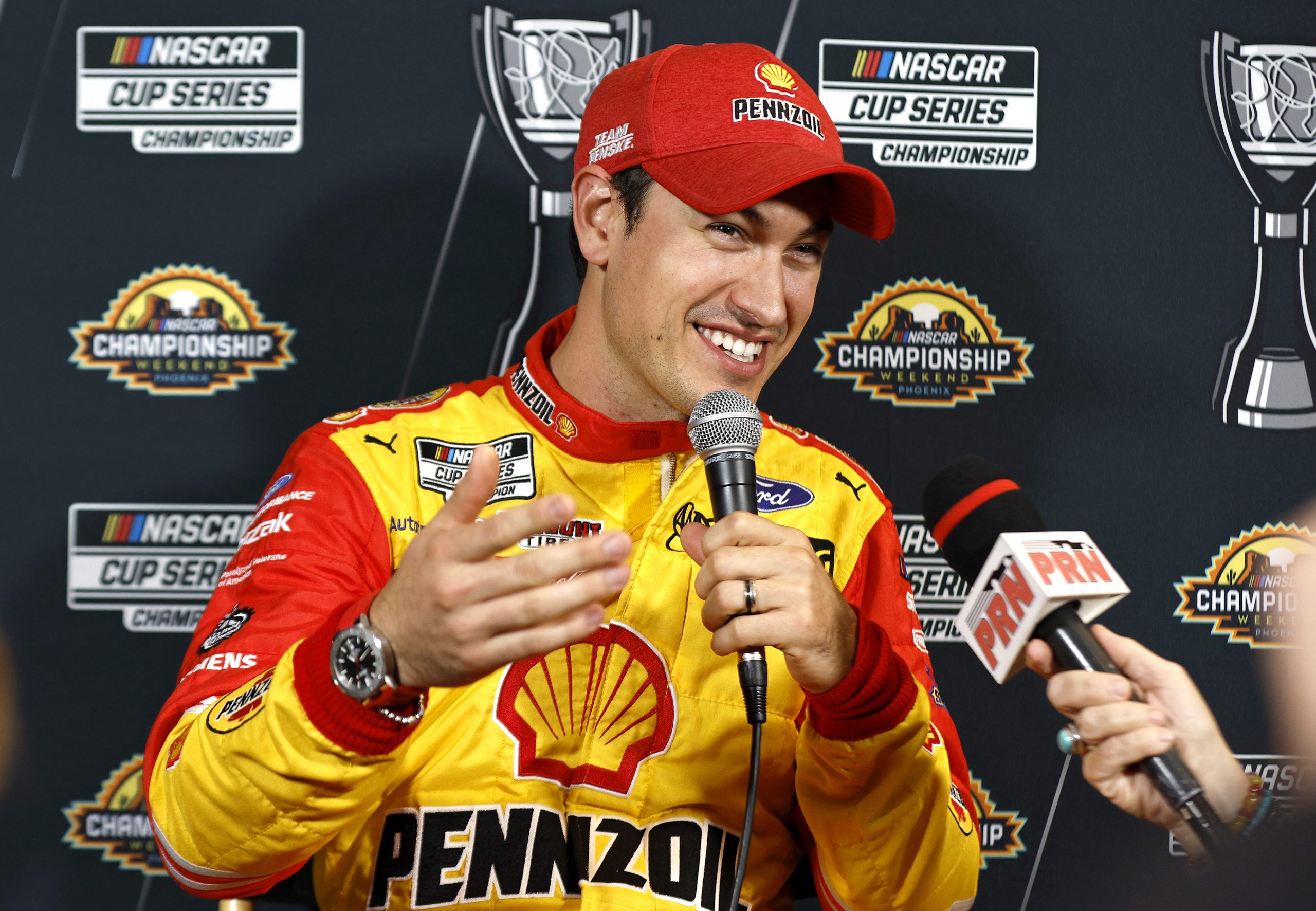AVONDALE, ARIZONA - NOVEMBER 03: Joey Logano, driver of the #22 Shell Pennzoil Ford, speaks to the media during the NASCAR Championship 4 Media Day at Phoenix Raceway on November 03, 2022 in Avondale, Arizona. (Photo by Sean Gardner/Getty Images)