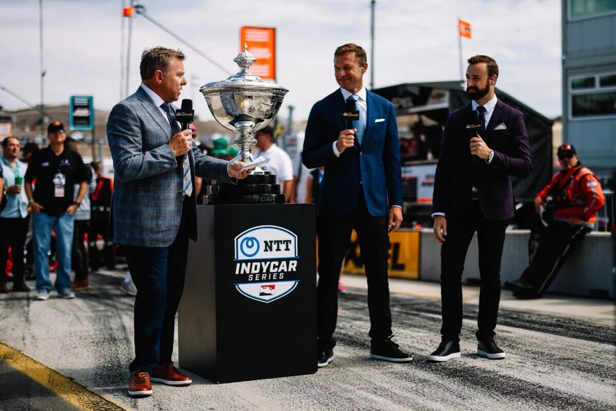 Leigh Diffey, Townsend Bell, and James Hinchcliffe at the 2022 Grand Prix of Monterey (Joe Skibinski/Penske Entertainment)