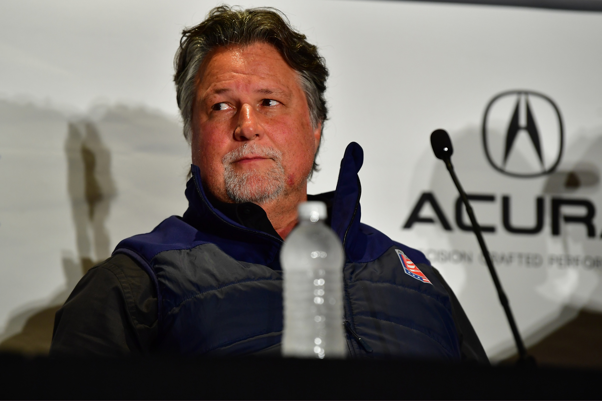 Apr 15, 2023; Long Beach, California, USA; Team owner Michael Andretti speaks with media after Andretti Autosport driver Kyle Kirkwood (27) of United States wins pole position during qualifying at Long Beach Street Circuit. Mandatory Credit: Gary A. Vasquez-USA TODAY Sports