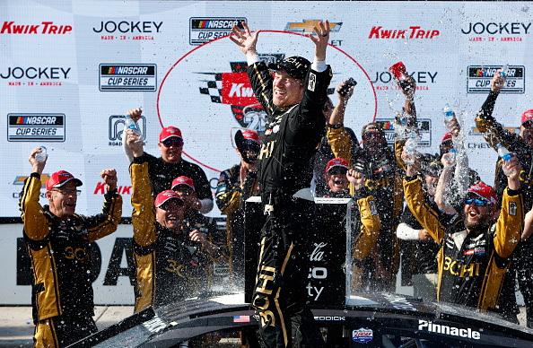 ELKHART LAKE, WISCONSIN - JULY 03: Tyler Reddick, driver of the #8 3CHI Chevrolet, celebrates in victory lane after winning the NASCAR Cup Series Kwik Trip 250 at Road America on July 03, 2022 in Elkhart Lake, Wisconsin. (Photo by Sean Gardner/Getty Images)