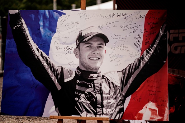TOPSHOT - This picture taken on September 1, 2019 shows the portrait of BWT Arden's French driver Anthoine Hubert covered with condolence messages at the entrance of the Spa-Francorchamps circuit in Spa, Belgium. - French driver Anthoine Hubert, 22, was killed on August 31 in Spa in an accident during a Formula 2 race held on the sidelines of the F1 Grand Prix, according to organizers of the race. (Photo by Kenzo TRIBOUILLARD / AFP) (Photo by KENZO TRIBOUILLARD/AFP via Getty Images)