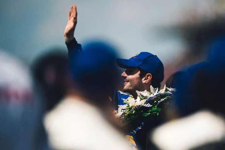 Alexander Rossi waving to the crowd after winning the 2016 Indianapolis 500. (DW Burnett)