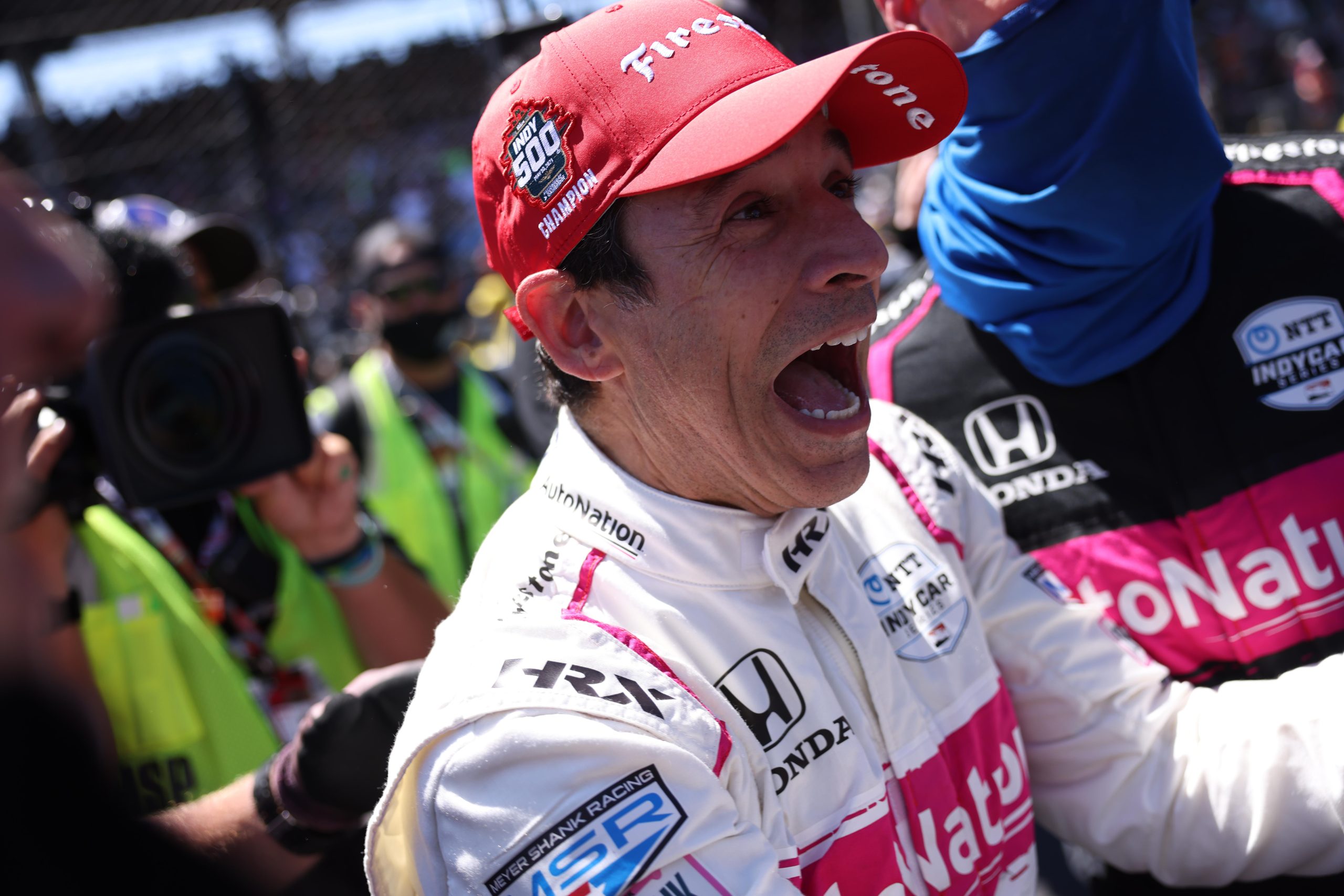 Helio Castroneves celebrates his victory at the 2021 Indianapolis 500 (Matt Fraver/Penske Entertainment)