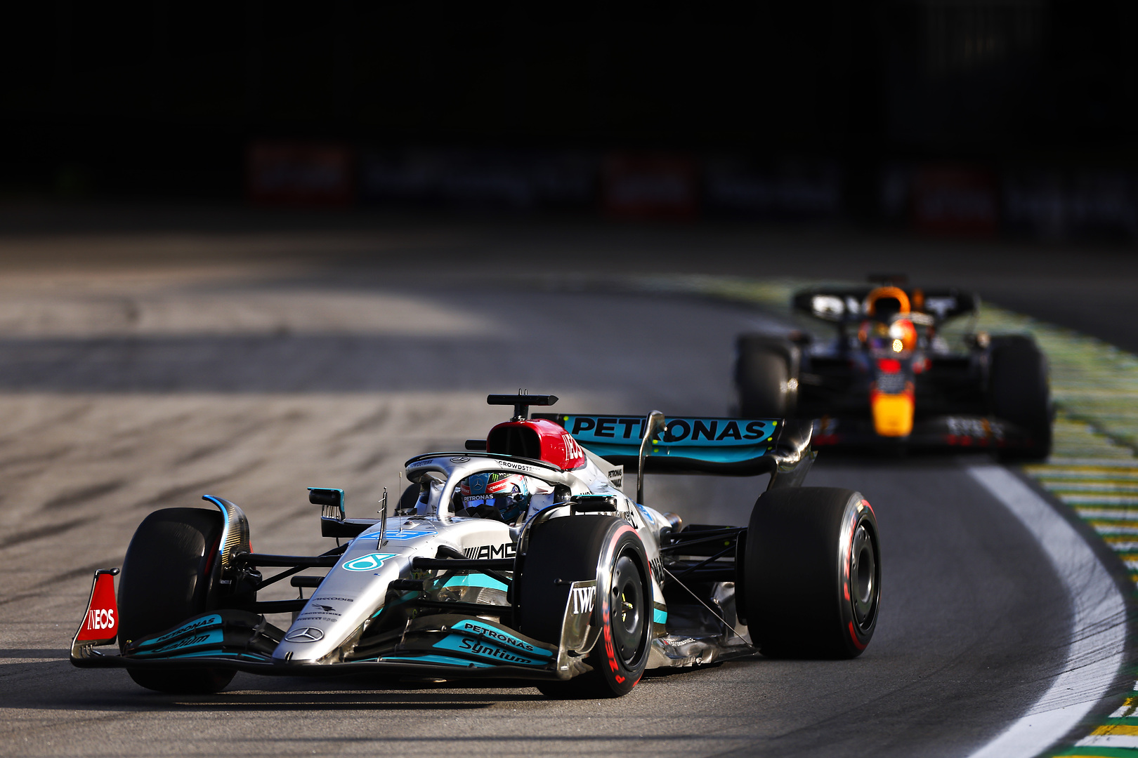 Geore Russell leads Max Verstappen at the 2022 São Paulo Grand Prix Sprint Race (Mercedes-AMG Petronas Formula One Team Media)