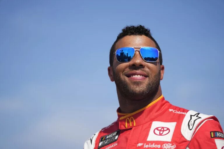 CHICAGO, ILLINOIS - JULY 19: Bubba Wallace poses for a photo near Buckingham Fountain in promotion of the NASCAR Chicago Street Race announcement on July 19, 2022 in Chicago, Illinois. (Photo by Patrick McDermott/Getty Images)