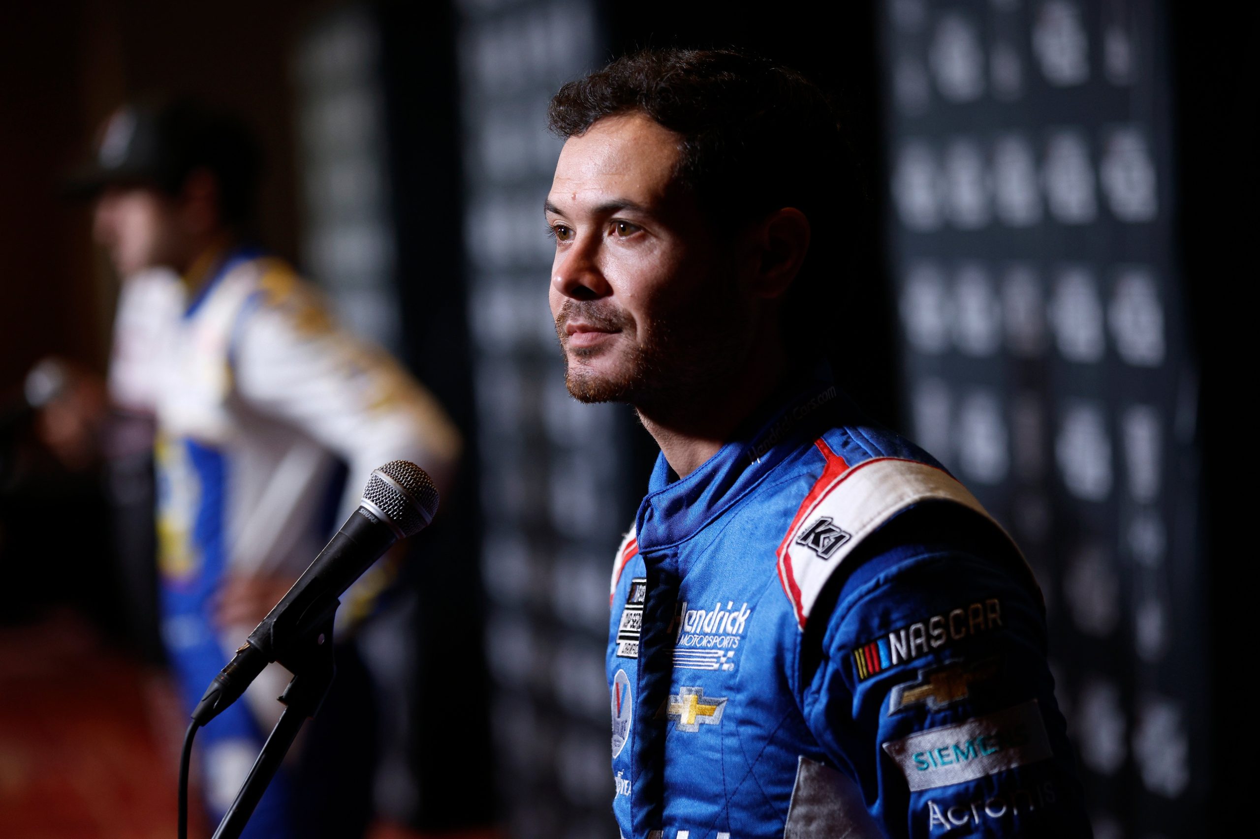 CHARLOTTE, NORTH CAROLINA - SEPTEMBER 01: NASCAR driver Kyle Larson speaks with the media during the NASCAR Cup Series Playoff Media Day at Charlotte Convention Center on September 01, 2022 in Charlotte, North Carolina. (Photo by Jared C. Tilton/Getty Images)