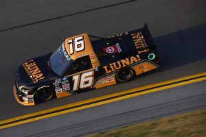 DAYTONA BEACH, FLORIDA - FEBRUARY 17: Tyler Ankrum, driver of the #16 LiUNA! Toyota, drives during practice for the NASCAR Camping World Truck Series NextEra Energy 250 at Daytona International Speedway on February 17, 2022 in Daytona Beach, Florida. (Photo by Jared C. Tilton/Getty Images)