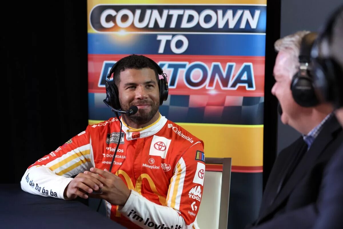 DAYTONA BEACH, Fla. - FEBRUARY 15: Bubba Wallace, driver of the #23 McDonald’s Toyota, speaks to the media during the NASCAR Cup Series 65th Annual Daytona 500 Media Day at Daytona International Speedway on Feb. 15, 2023, in Daytona Beach, Florida. Photo: James Gilbert/Getty Images