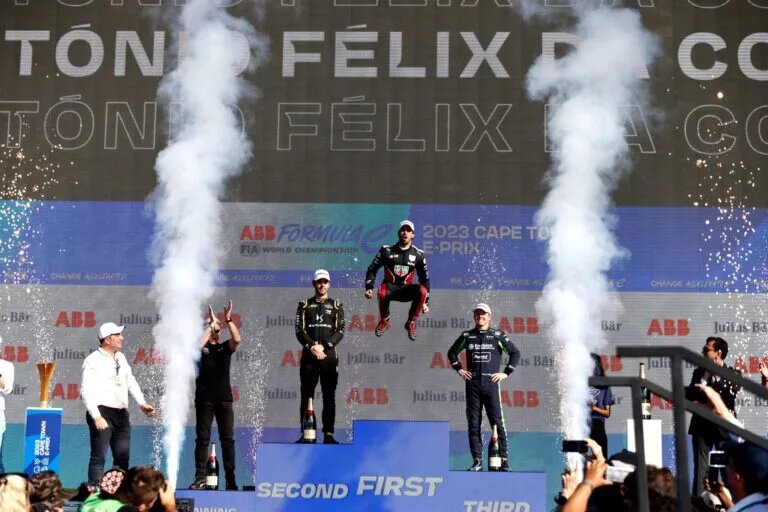 Cape Town E-Prix - Antonio Felix da Costa, TAG Heuer Porsche Formula E Team , 1st position, celebrates Jean-Eric Vergne, DS Penske , 2nd position, Nick Cassidy, Envision Racing , 3rd position,