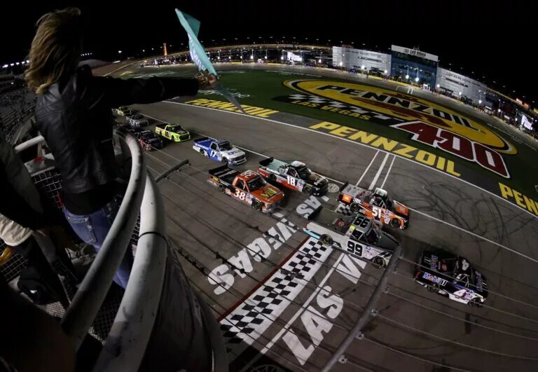 LAS VEGAS, NEVADA - MARCH 04: John Hunter Nemechek, driver of the #4 Mobil 1 Toyota, leads the field to the green flag to start the NASCAR Camping World Truck Series Victoria's Voice Foundation 200 at Las Vegas Motor Speedway on March 04, 2022 in Las Vegas, Nevada. (Photo by Dylan Buell/Getty Images