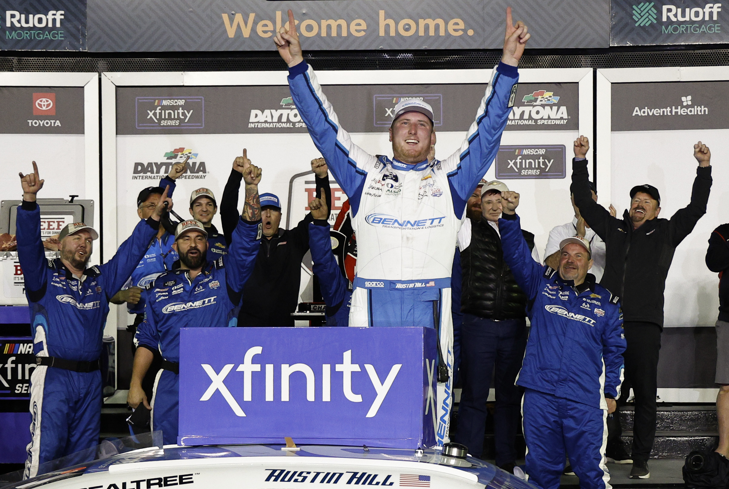 DAYTONA BEACH, FLORIDA - FEBRUARY 18: Austin Hill, driver of the #21 Bennett Transportation Chevrolet, celebrates in victory lane after winning the NASCAR Xfinity Series Beef. It's What's For Dinner. 300 at Daytona International Speedway on February 18, 2023 in Daytona Beach, Florida. (Photo by Chris Graythen/Getty Images)