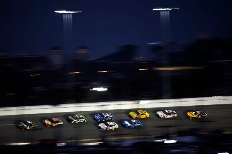 DAYTONA BEACH, FLORIDA - FEBRUARY 19: Kyle Busch, driver of the #8 3CHI Chevrolet, Austin Dillon, driver of the #3 Bass Pro Shops Club Chevrolet, Joey Logano, and William Byron, driver of the #24 RaptorTough.com Chevrolet, race during the NASCAR Cup Series 65th Annual Daytona 500 at Daytona International Speedway on February 19, 2023 in Daytona Beach, Florida. (Photo by Jared C. Tilton/Getty Images)
