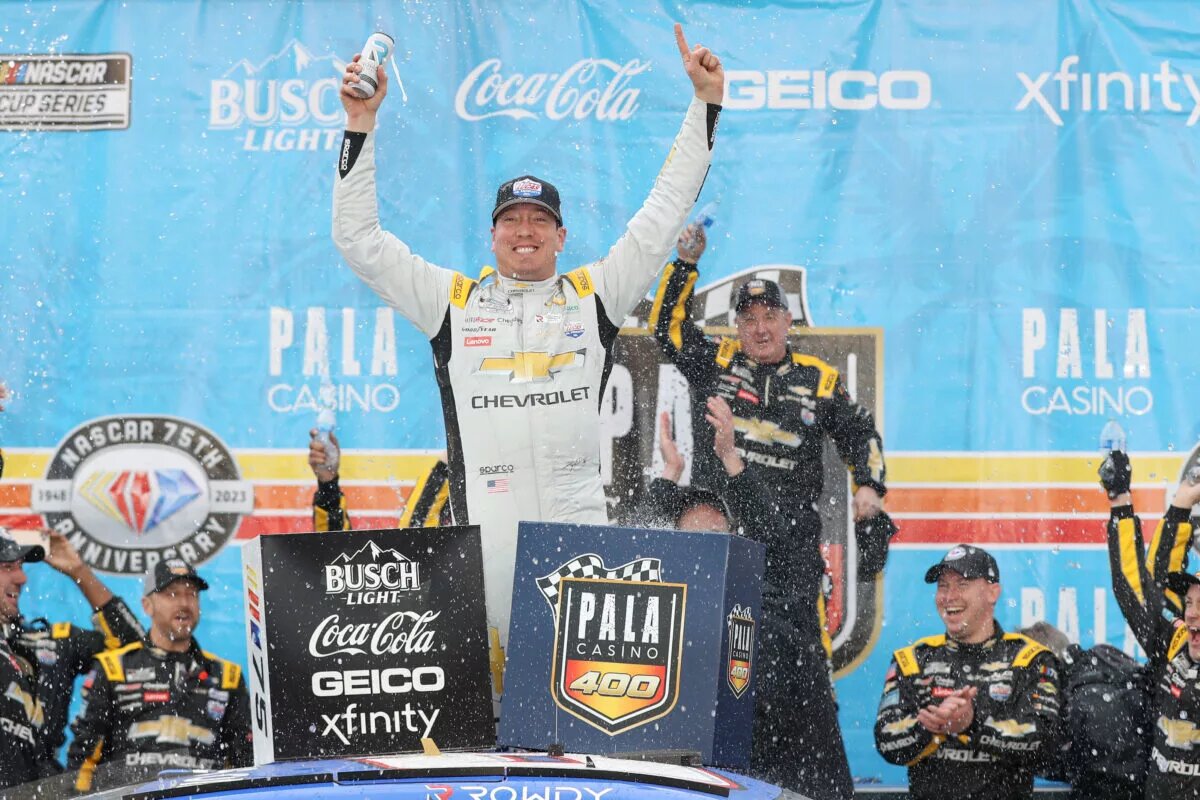FONTANA, CALIFORNIA - FEBRUARY 26: Kyle Busch, driver of the #8 Lucas Oil Chevrolet, celebrates in victory lane after winning the NASCAR Cup Series Pala Casino 400 at Auto Club Speedway on February 26, 2023 in Fontana, California. (Photo by Meg Oliphant/Getty Images)