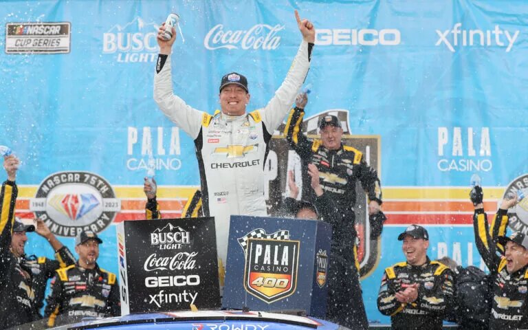 FONTANA, CALIFORNIA - FEBRUARY 26: Kyle Busch, driver of the #8 Lucas Oil Chevrolet, celebrates in victory lane after winning the NASCAR Cup Series Pala Casino 400 at Auto Club Speedway on February 26, 2023 in Fontana, California. (Photo by Meg Oliphant/Getty Images)