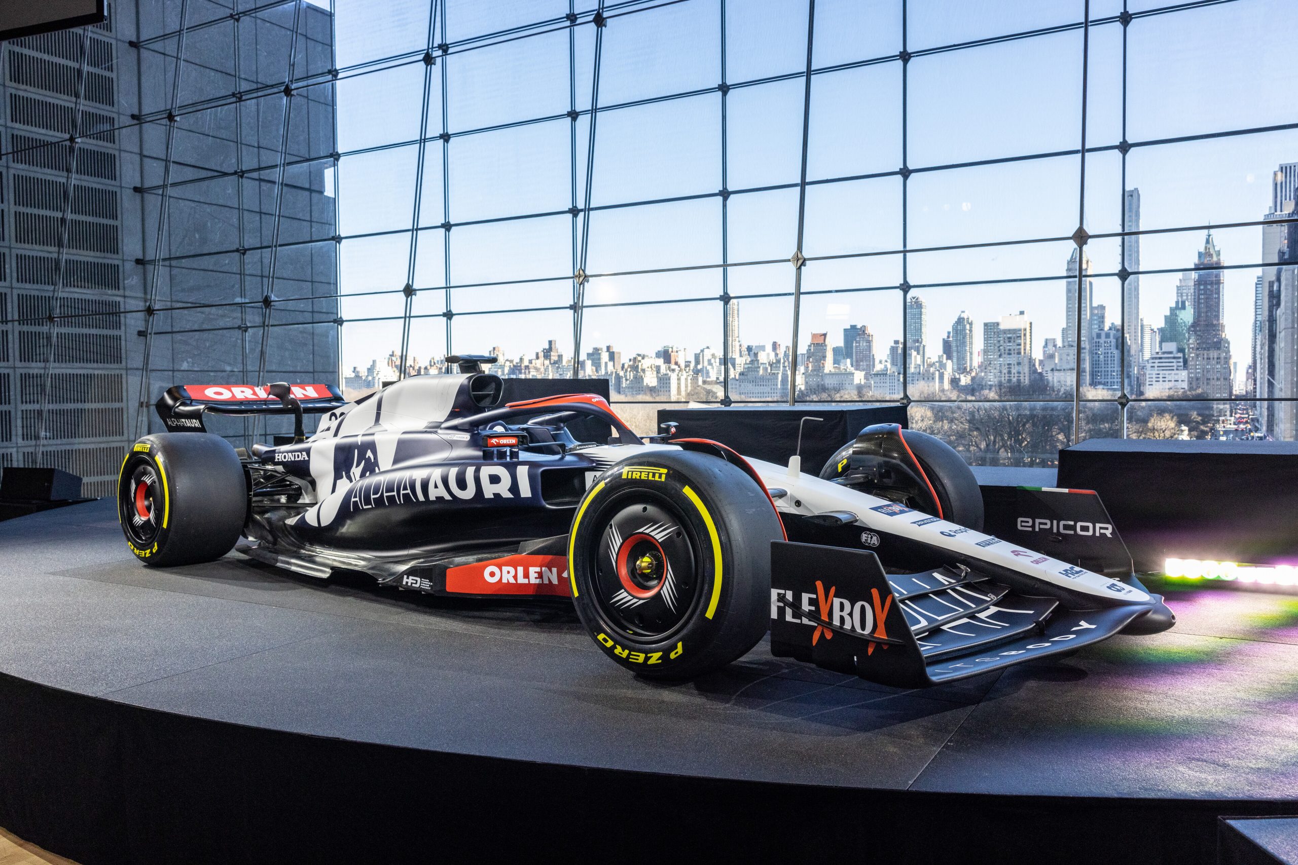 The new Scuderia AlphaTauri Formula One car at the Scuderia AlphaTauri Season Launch at Lincoln Center in New York, NY on February 11, 2023. // Colin Kerrigan / Red Bull Content Pool // SI202302120036 // Usage for editorial use only //