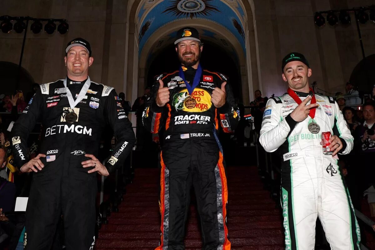 Credit: LOS ANGELES, CALIFORNIA - FEBRUARY 05: Martin Truex Jr., driver of the #19 Bass Pro Shops Toyota, (C) winner, Austin Dillon, driver of the #3 Get Bioethanol Chevrolet, (L) second place and Kyle Busch, driver of the #8 BetMGM Chevrolet, third place pose for photos on the podium after the NASCAR Clash at the Coliseum at Los Angeles Memorial Coliseum on February 05, 2023 in Los Angeles, California. (Photo by Chris Graythen/Getty Images)