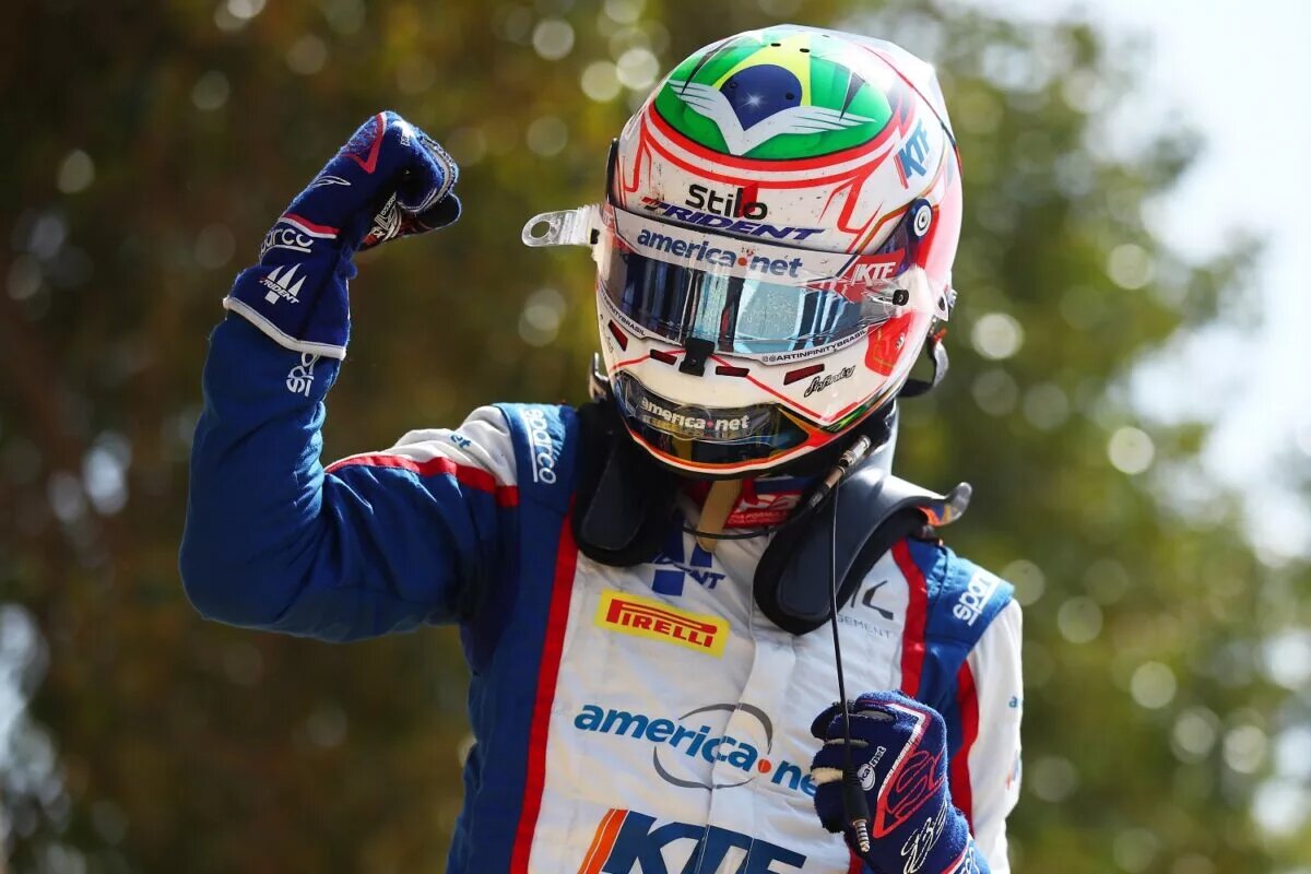 Formula 3 - Trident's Gabriel Bortoleto winning the F3 Feature Race in Bahrain.