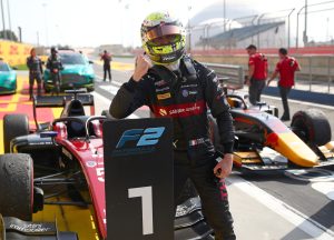 Theo Pourchaire celebrating his Feature Race victory in Bahrain.