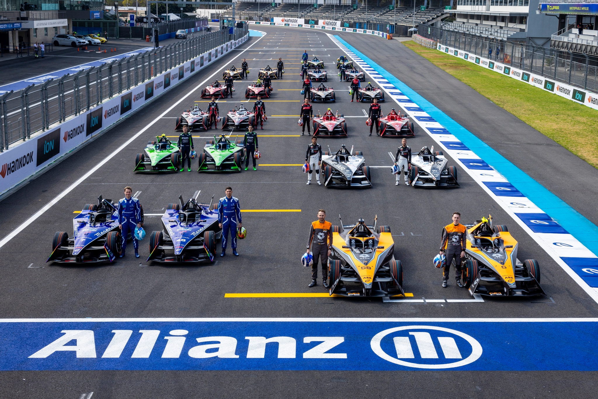 Formula E pre-season 2023 driver line up with cars on the grid.
