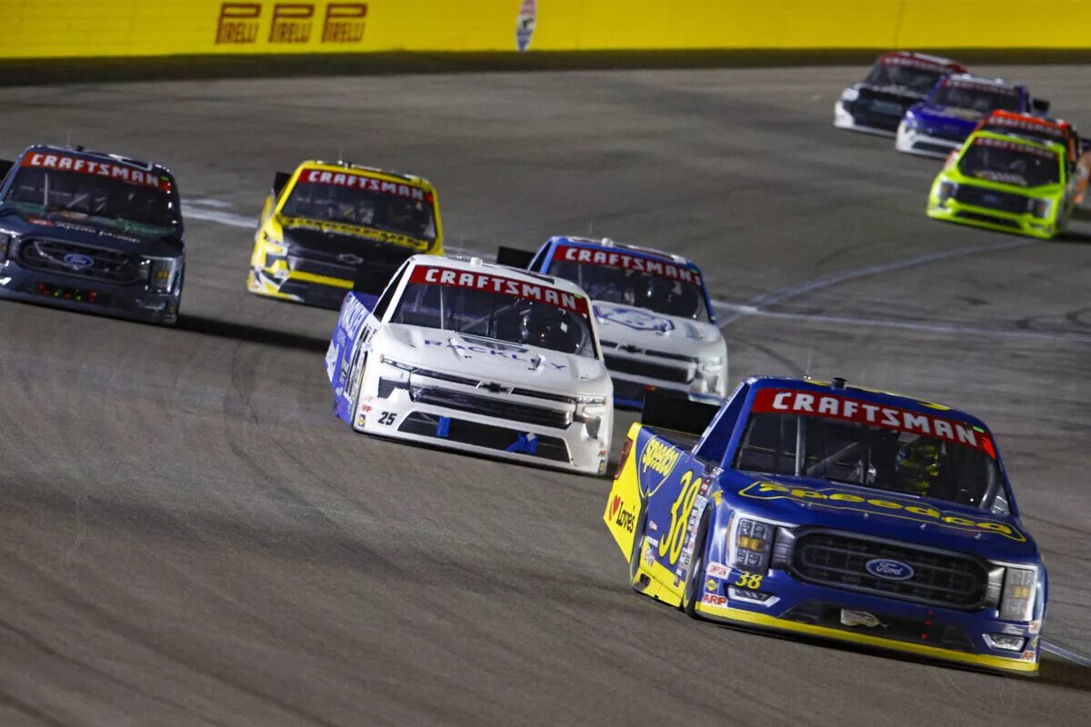 LAS VEGAS, NEVADA - MARCH 03: Zane Smith, driver of the #38 Speedco Ford, leads the field during the NASCAR CRAFTSMAN Truck Series Victoria's Voice Foundation 200 at Las Vegas Motor Speedway on March 03, 2023 in Las Vegas, Nevada. (Photo by Chris Graythen/Getty Images)