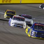 LAS VEGAS, NEVADA - MARCH 03: Zane Smith, driver of the #38 Speedco Ford, leads the field during the NASCAR CRAFTSMAN Truck Series Victoria's Voice Foundation 200 at Las Vegas Motor Speedway on March 03, 2023 in Las Vegas, Nevada. (Photo by Chris Graythen/Getty Images)