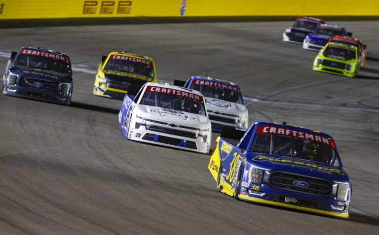 LAS VEGAS, NEVADA - MARCH 03: Zane Smith, driver of the #38 Speedco Ford, leads the field during the NASCAR CRAFTSMAN Truck Series Victoria's Voice Foundation 200 at Las Vegas Motor Speedway on March 03, 2023 in Las Vegas, Nevada. (Photo by Chris Graythen/Getty Images)