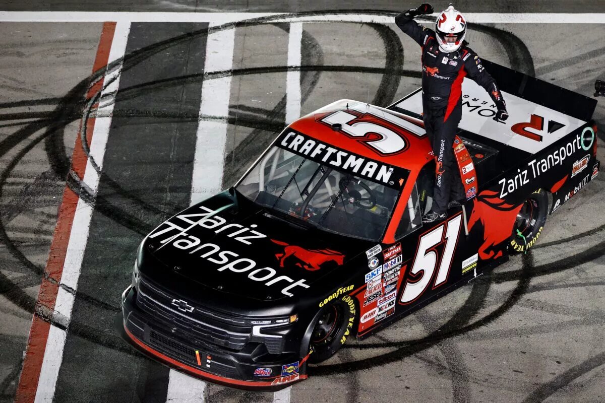 NASCAR Truck Series - LAS VEGAS, NEVADA - MARCH 03: Kyle Busch, driver of the #51 Zariz Transport Chevrolet, celebrates after winning the NASCAR CRAFTSMAN Truck Series Victoria's Voice Foundation 200 at Las Vegas Motor Speedway on March 03, 2023 in Las Vegas, Nevada. (Photo by Chris Graythen/Getty Images)