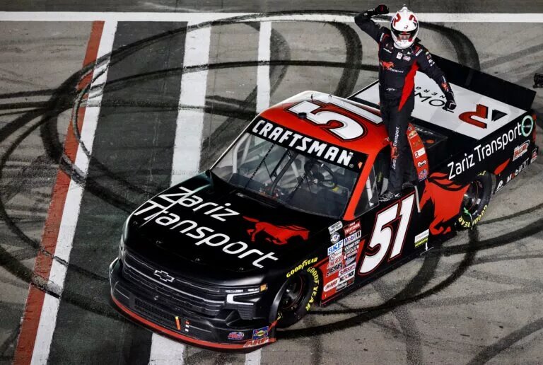 NASCAR Truck Series - LAS VEGAS, NEVADA - MARCH 03: Kyle Busch, driver of the #51 Zariz Transport Chevrolet, celebrates after winning the NASCAR CRAFTSMAN Truck Series Victoria's Voice Foundation 200 at Las Vegas Motor Speedway on March 03, 2023 in Las Vegas, Nevada. (Photo by Chris Graythen/Getty Images)
