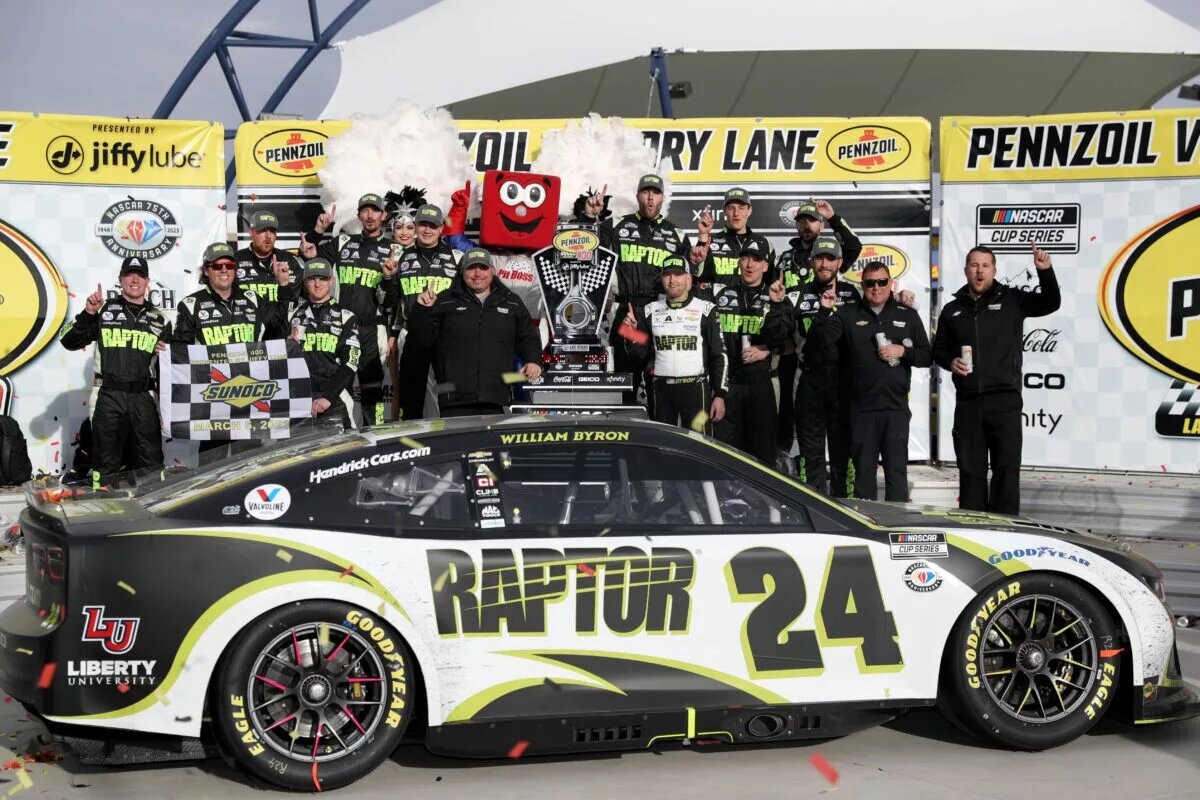 LAS VEGAS, NEVADA - MARCH 05: William Byron, driver of the #24 RaptorTough.com Chevrolet, and crew celebrate in victory lane after winning the NASCAR Cup Series Pennzoil 400 at Las Vegas Motor Speedway on March 05, 2023 in Las Vegas, Nevada. (Photo by Meg Oliphant/Getty Images)