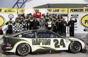 LAS VEGAS, NEVADA - MARCH 05: William Byron, driver of the #24 RaptorTough.com Chevrolet, and crew celebrate in victory lane after winning the NASCAR Cup Series Pennzoil 400 at Las Vegas Motor Speedway on March 05, 2023 in Las Vegas, Nevada. (Photo by Meg Oliphant/Getty Images)