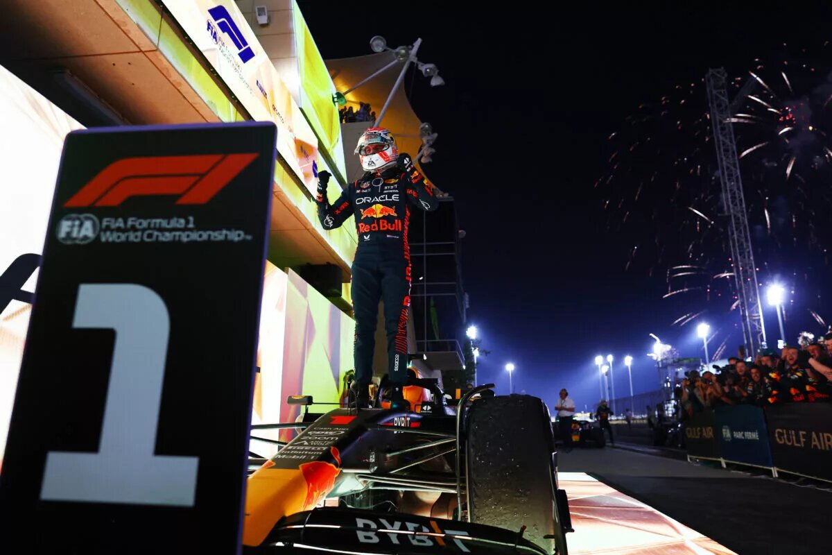 BAHRAIN, BAHRAIN - MARCH 05: Race winner Max Verstappen of the Netherlands and Oracle Red Bull Racing celebrates in parc ferme during the F1 Grand Prix of Bahrain at Bahrain International Circuit on March 05, 2023 in Bahrain, Bahrain. (Photo by Mark Thompson/Getty Images) // Getty Images / Red Bull Content Pool // SI202303050322 // Usage for editorial use only //
