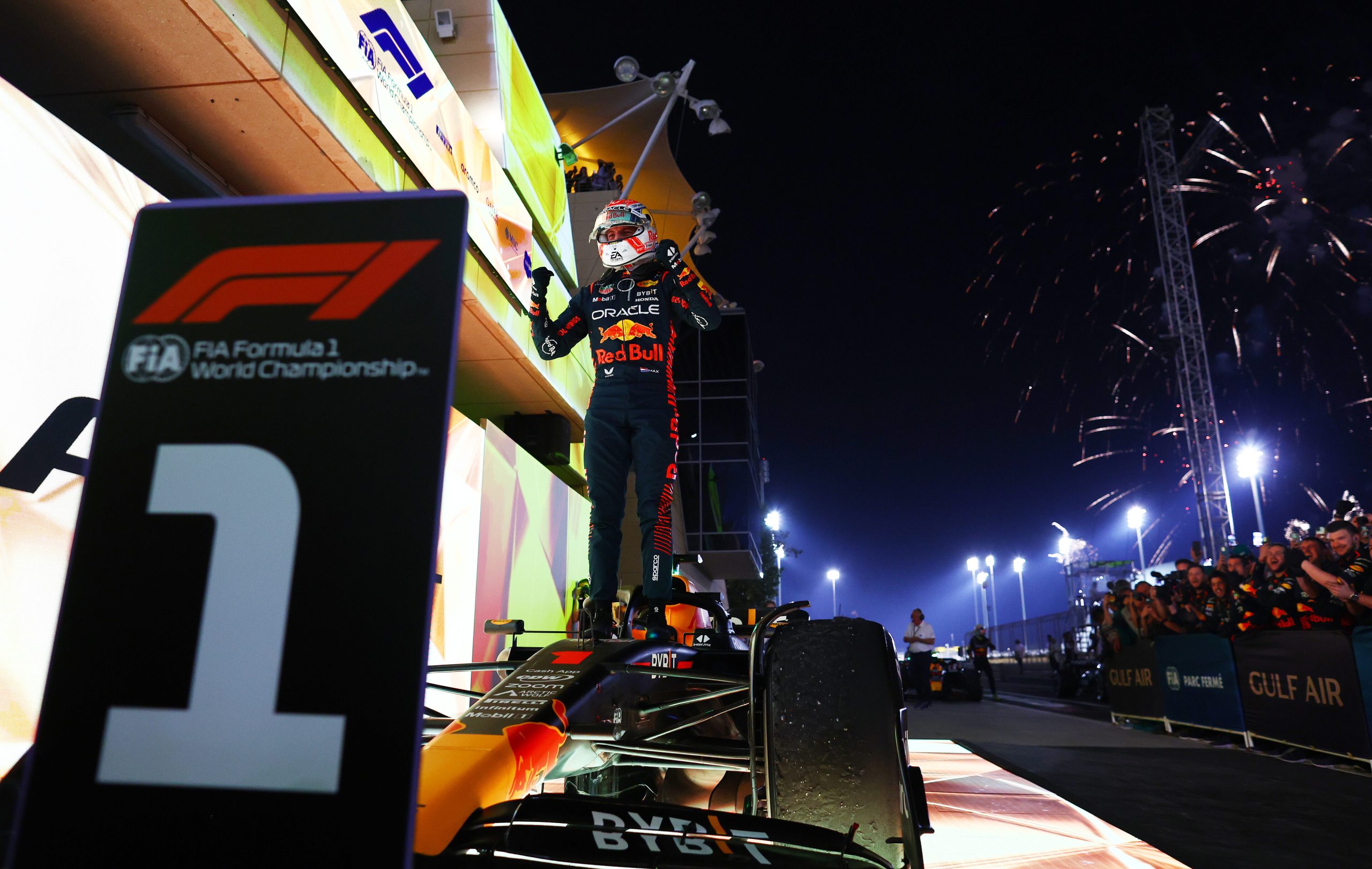 BAHRAIN, BAHRAIN - MARCH 05: Race winner Max Verstappen of the Netherlands and Oracle Red Bull Racing celebrates in parc ferme during the F1 Grand Prix of Bahrain at Bahrain International Circuit on March 05, 2023 in Bahrain, Bahrain. (Photo by Mark Thompson/Getty Images) // Getty Images / Red Bull Content Pool // SI202303050322 // Usage for editorial use only //