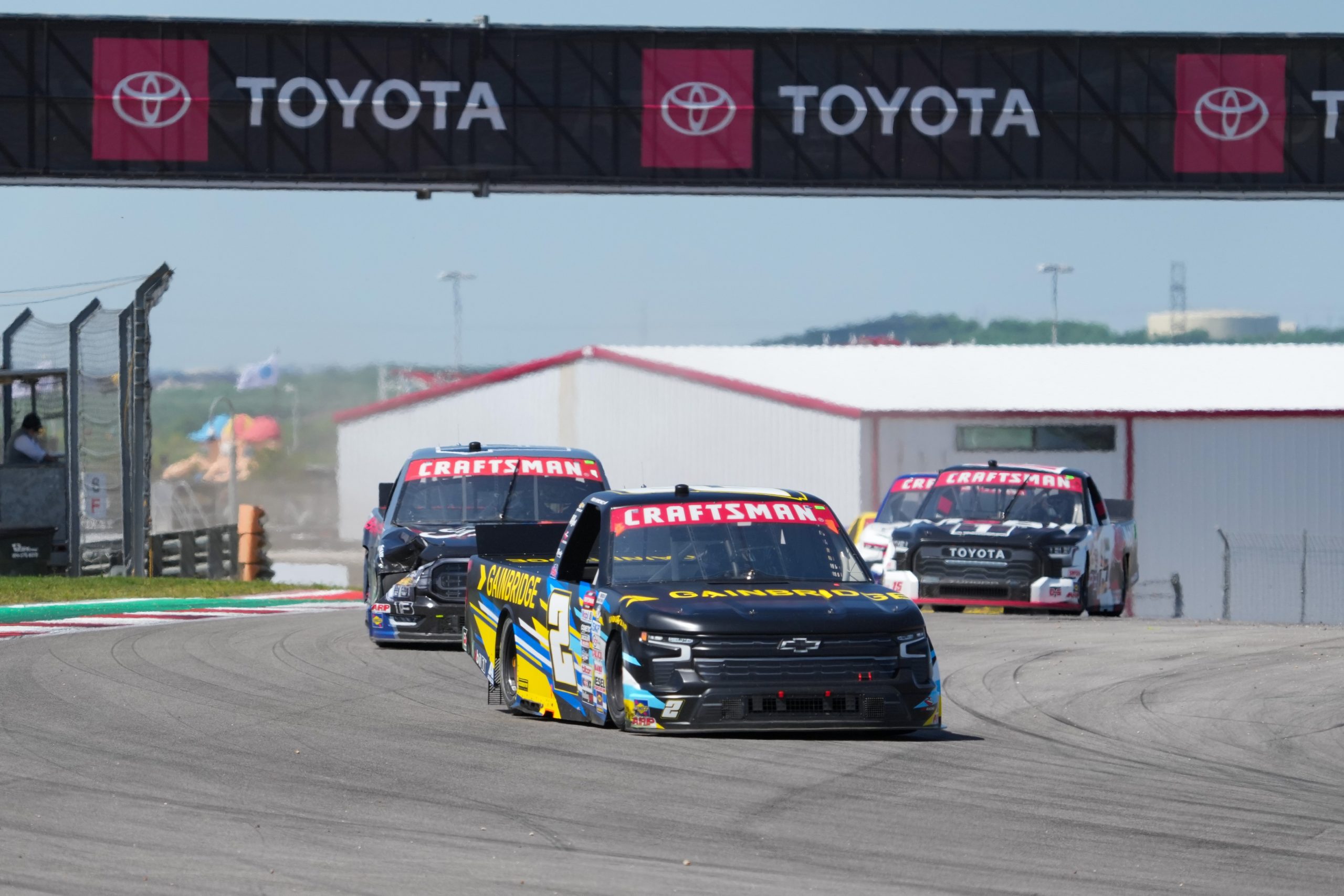 Mar 25, 2023; Austin, Texas, USA; NASCAR Craftsman Truck Series driver Nick Sanchez (2) comes out of a curve at Circuit of the Americas. Mandatory Credit: Daniel Dunn-USA TODAY Sports