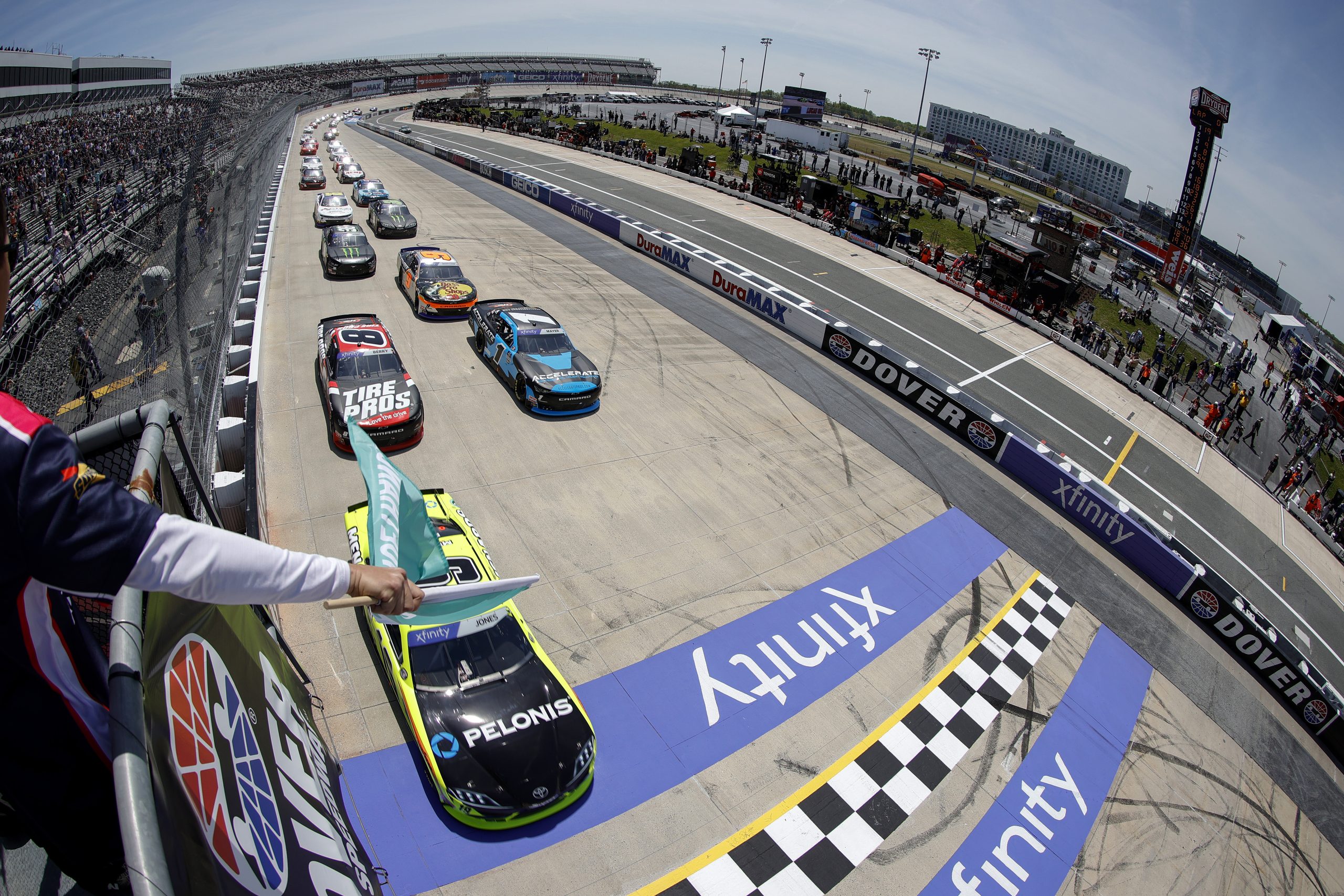 Credit: DOVER, DELAWARE - APRIL 30: Brandon Jones, driver of the #19 Menards/Pelonis Toyota, leads the field to the green flag to start the NASCAR Xfinity Series A-GAME 200 at Dover Motor Speedway on April 30, 2022 in Dover, Delaware. (Photo by Tim Nwachukwu/Getty Images)