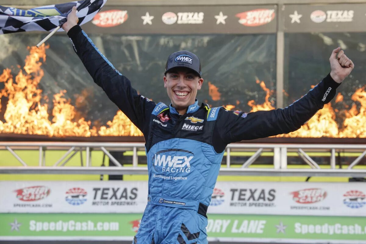 Credit: FORT WORTH, TEXAS - APRIL 01: Carson Hocevar, driver of the #42 Worldwide Express Chevrolet, celebrates in victory lane after winning the NASCAR Craftsman Truck Series SpeedyCash.com 250 at Texas Motor Speedway on April 01, 2023 in Fort Worth, Texas. (Photo by Chris Graythen/Getty Images)
